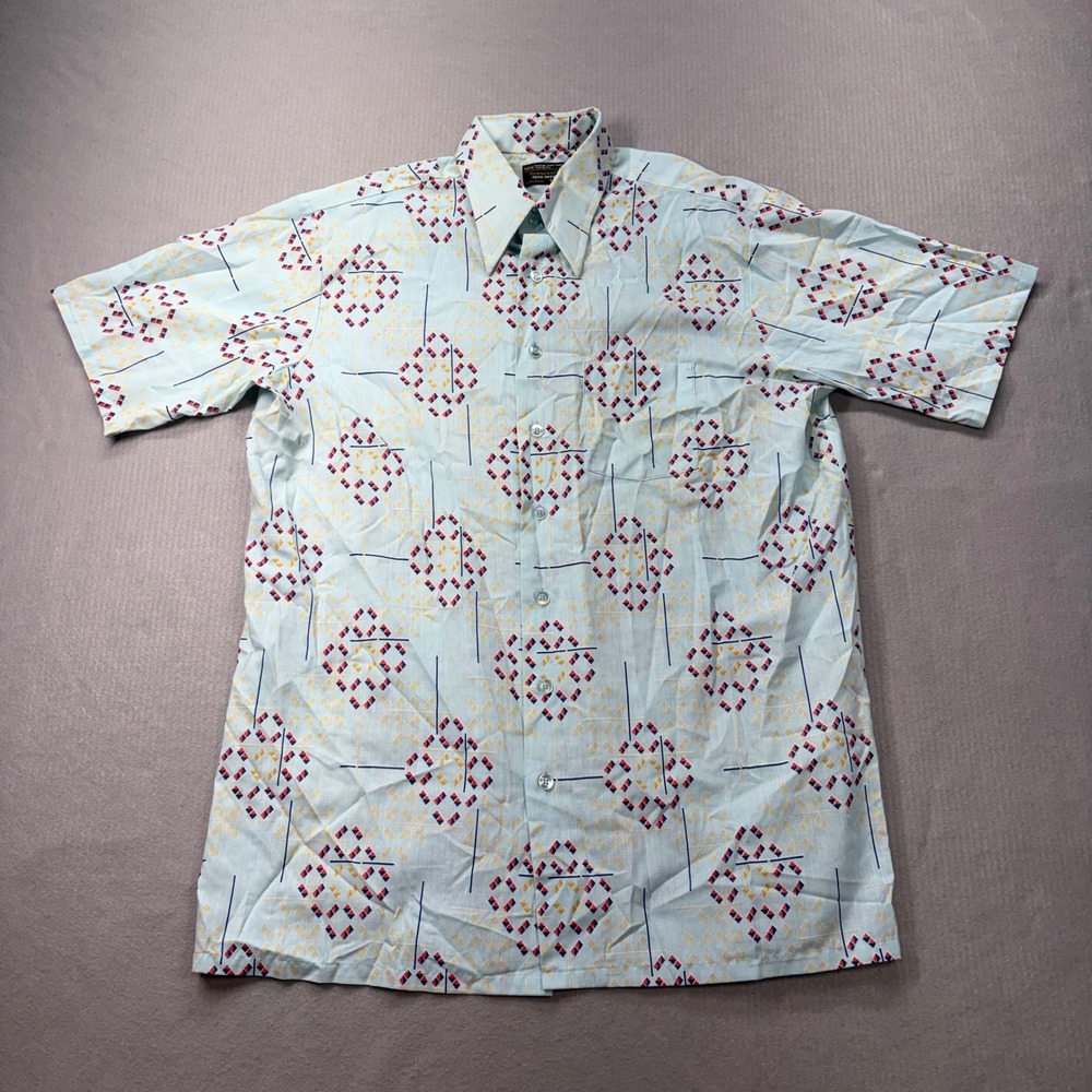 Towncraft Button Shirt Mens 17-17.5 Blue Geometric Penn Prest Vintage JCPenney